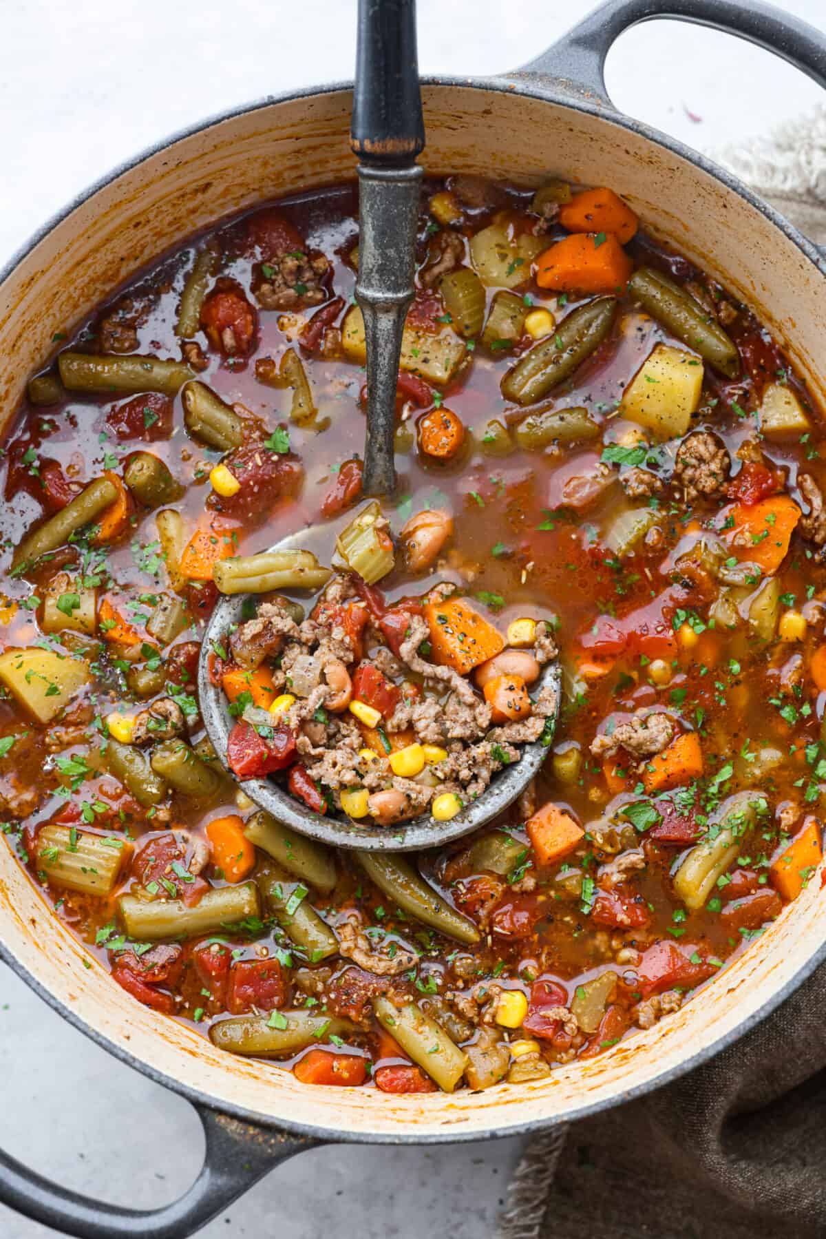 A pot of hamburger soup with a ladle. 