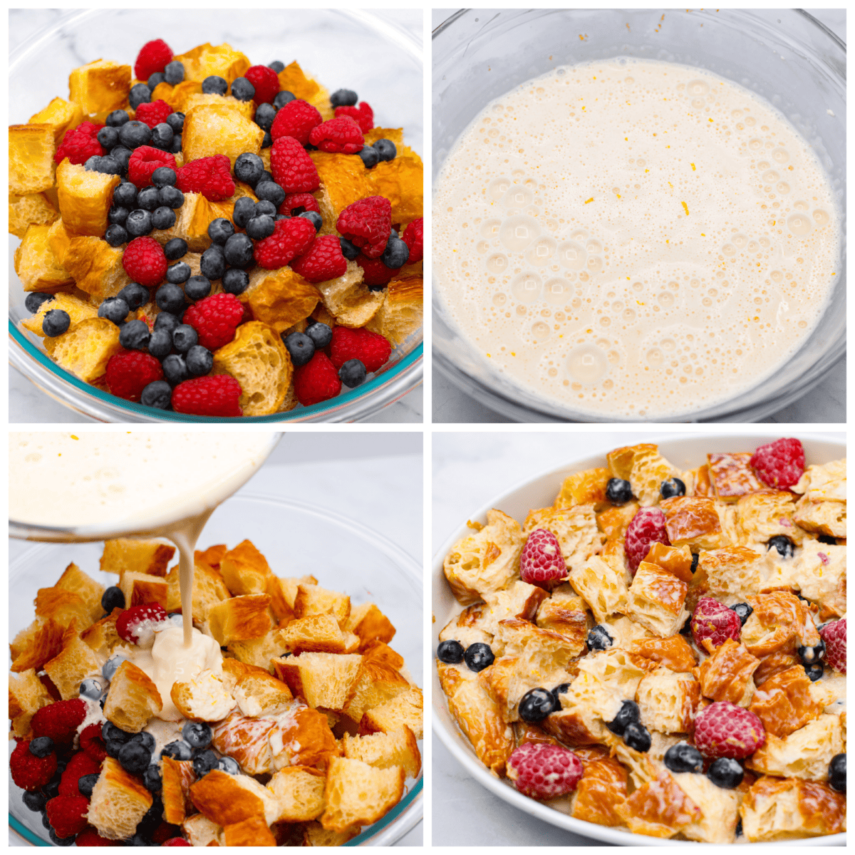 4-photo collage of croissant pieces being coated with a custard mixture and fresh berries.