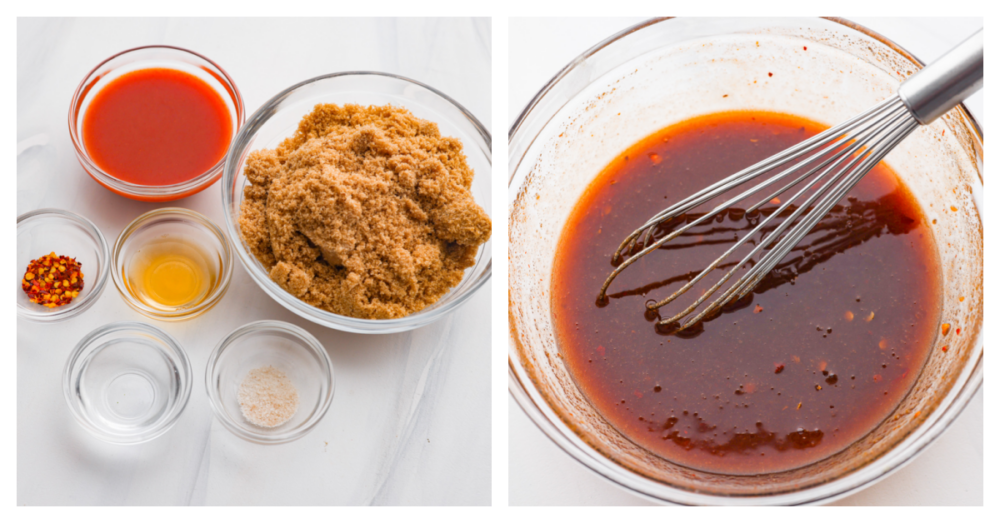 2 pictures showing how to whisk all of the ingredients in a bowl.