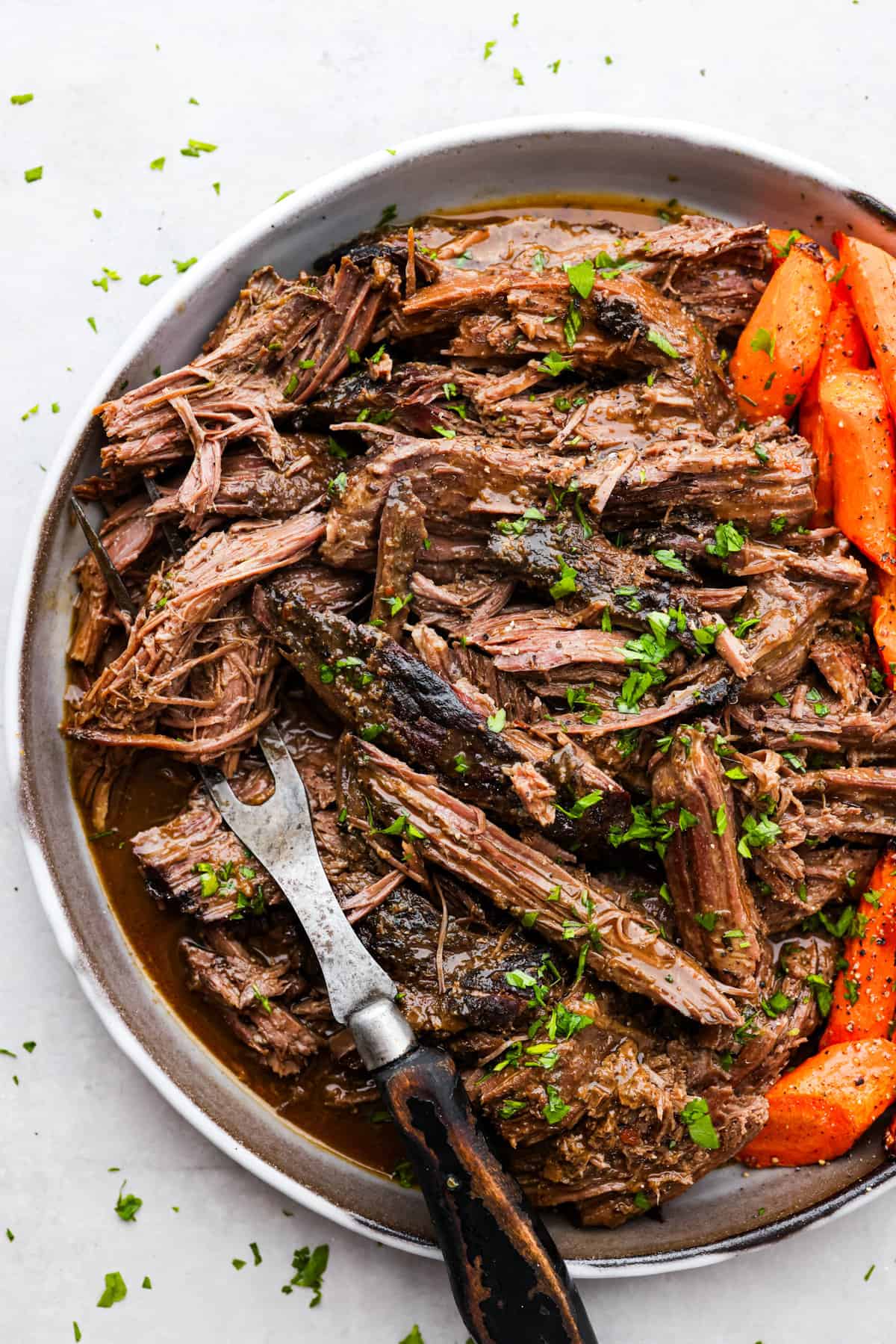 Top-down view of the shredded beef.