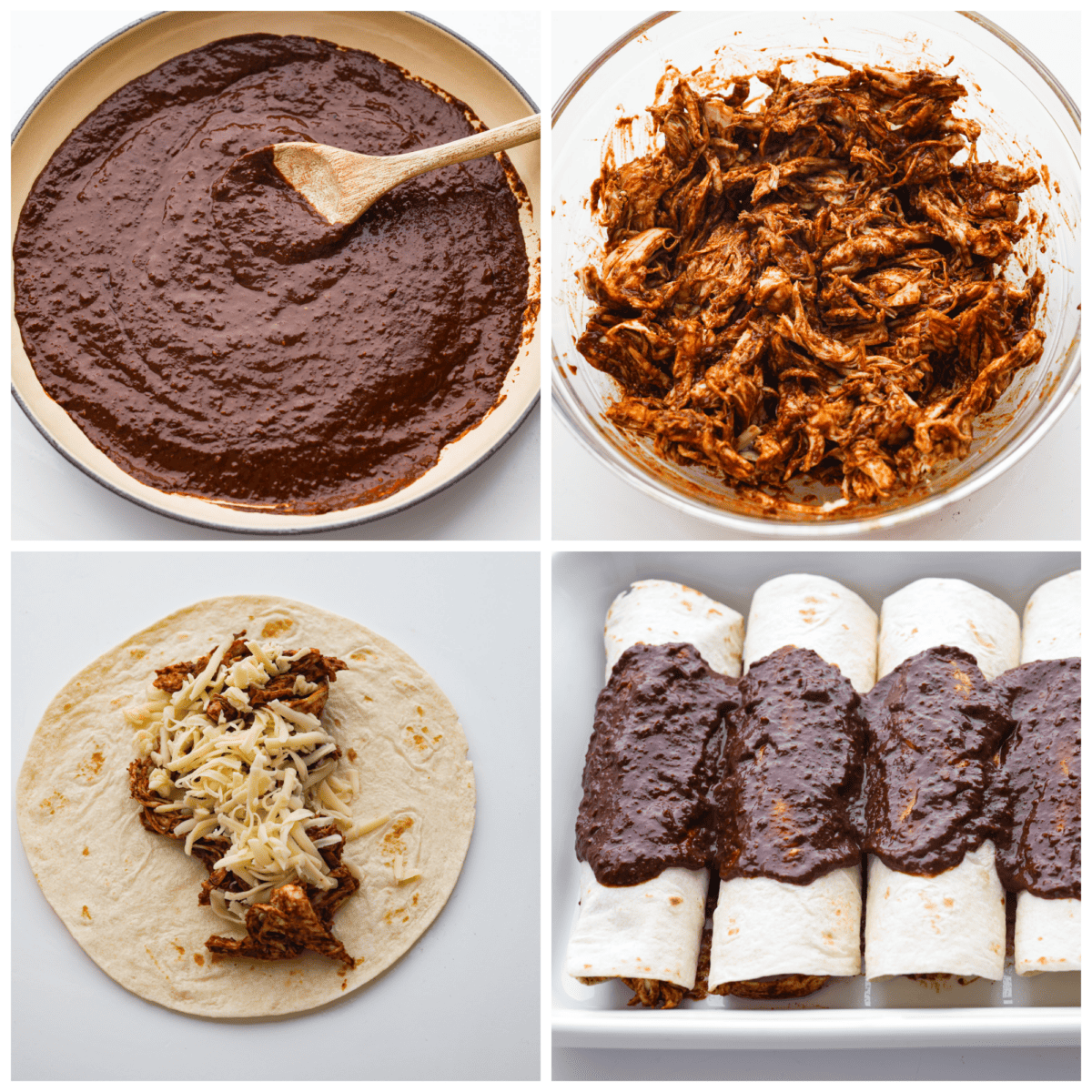 4-photo collage of the enchiladas being assembled.