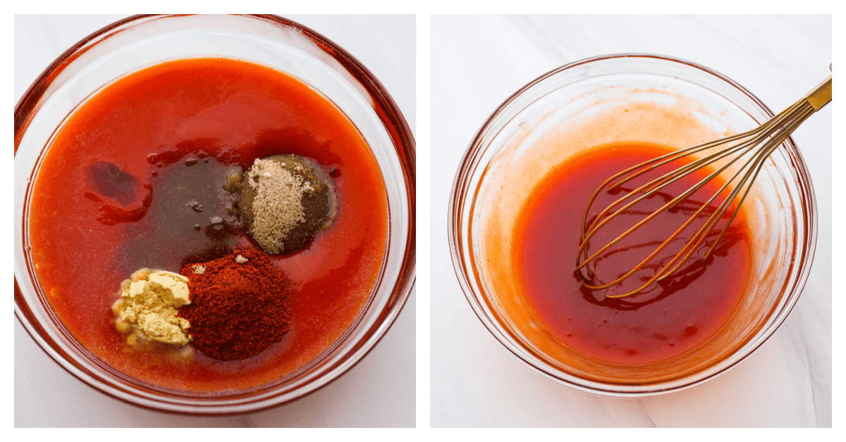 Ingredients being added to a glass bowl and whisked together.