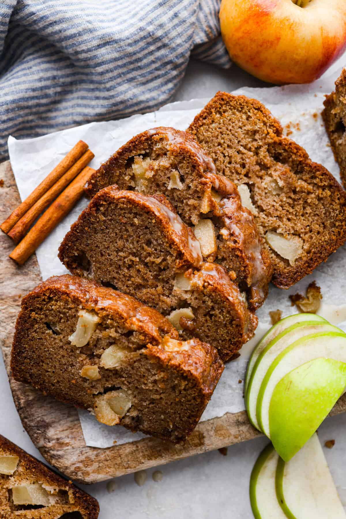 Top-down view of bread cut into 4 thick slices.