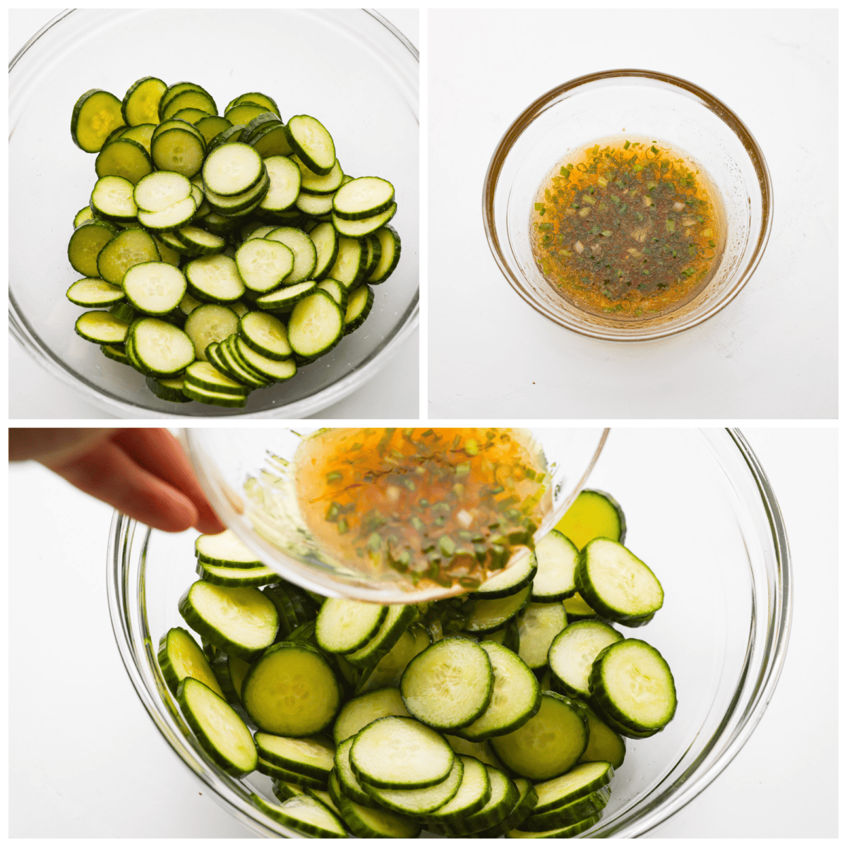 3 process shots showing how to mix the sliced cucumbers with the dressing. 