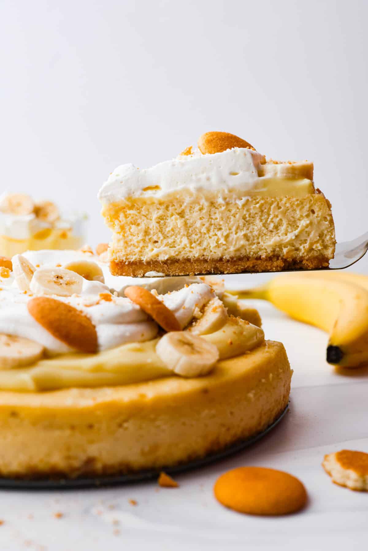 A slice of banana pudding cheesecake being served. 