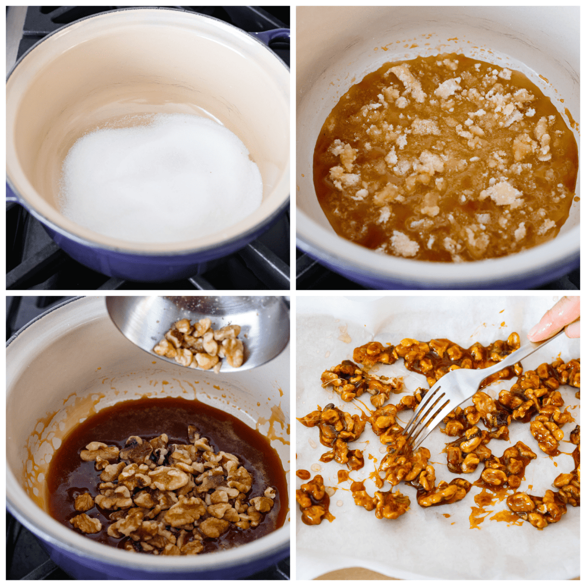 A collage of 4 pictures showing how to melt down the sugar and add it to walnuts. 