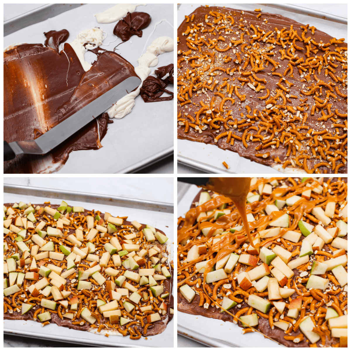 4-photo collage of the melted chocolate being spread on the baking sheet, then topped with pretzels, apples, and caramel.