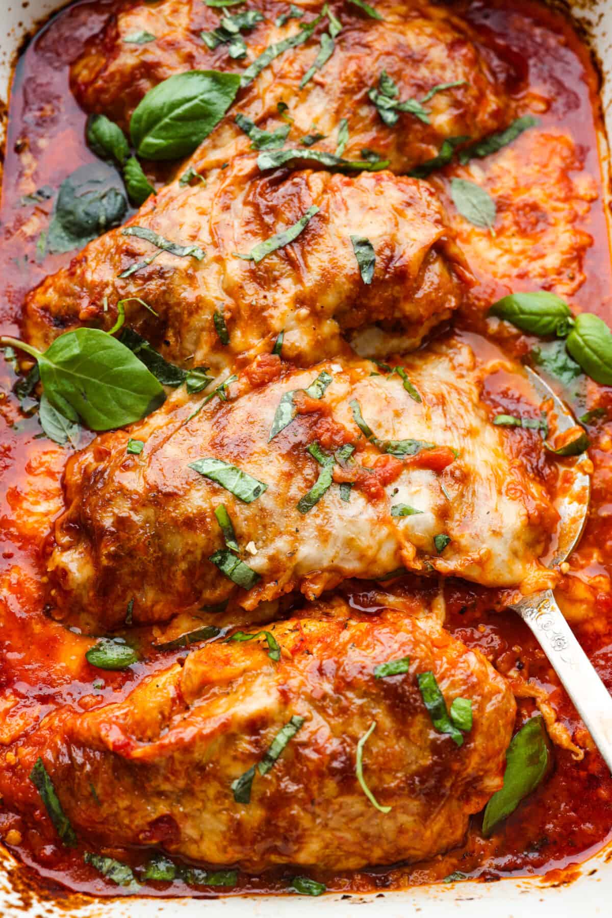 Closeup of chicken marinara.