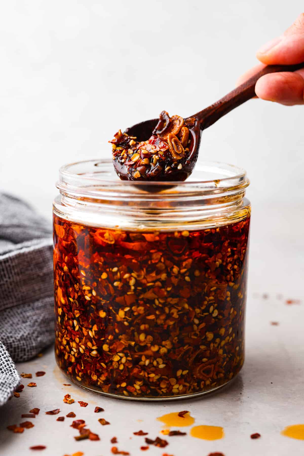 A jar filled with chili crisp.