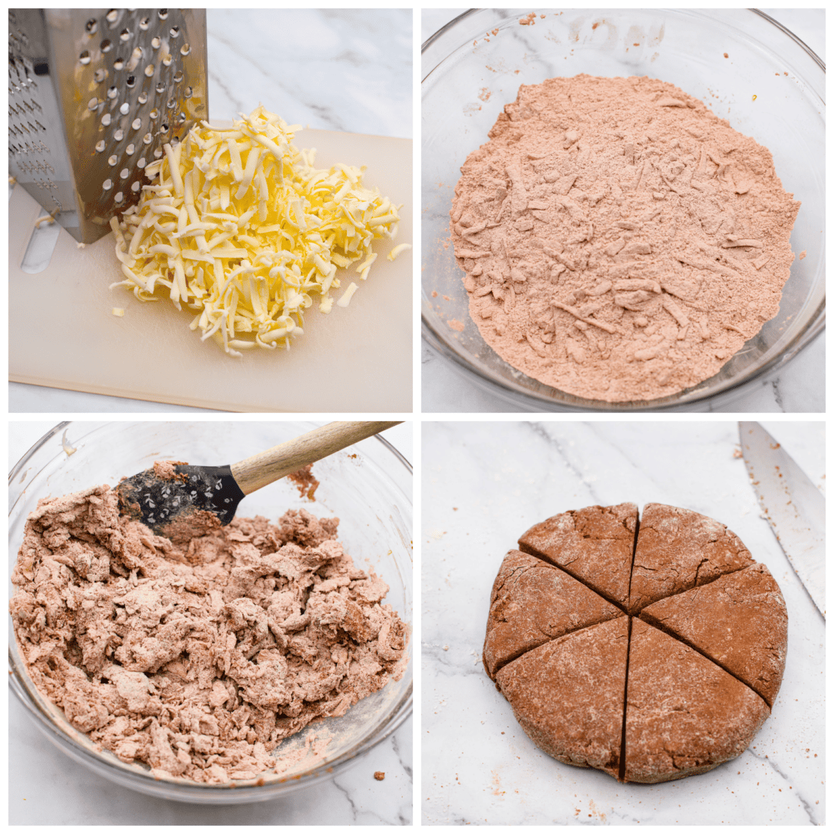 4-photo collage of scone dough being prepared.