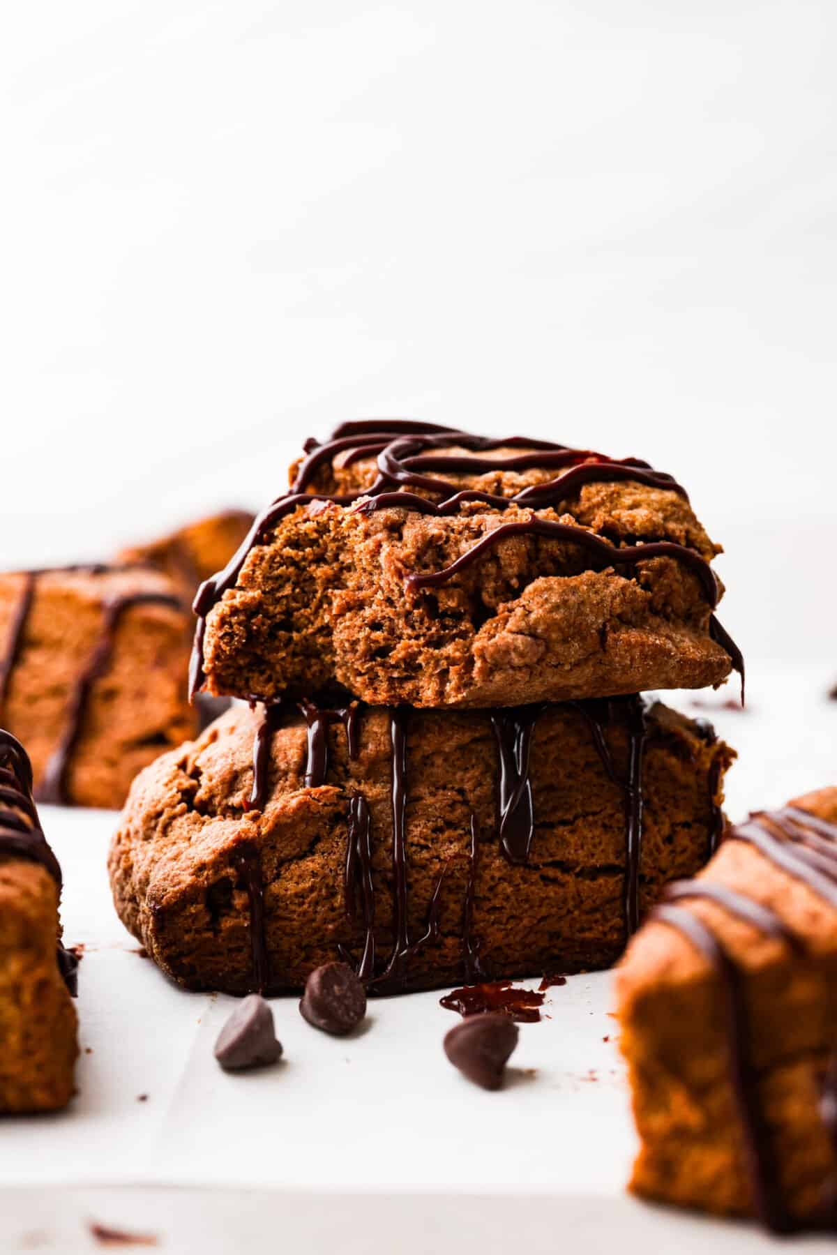 2 chocolate scones stacked on top of each other.