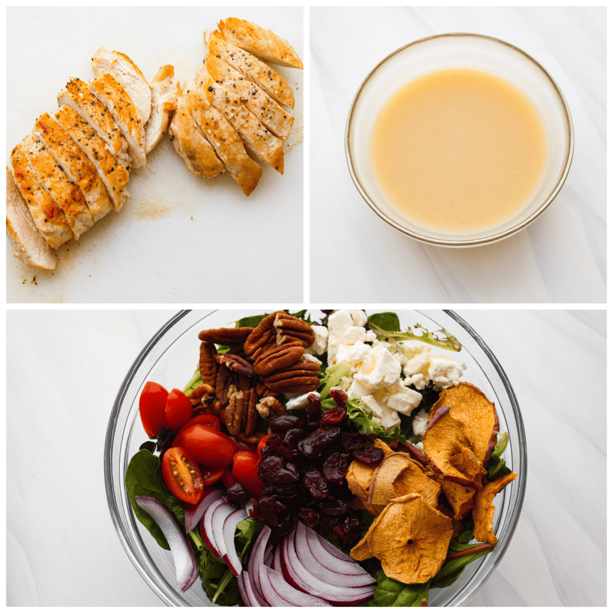 3-photo collage of the sliced chicken, dressing, and salad ingredients.