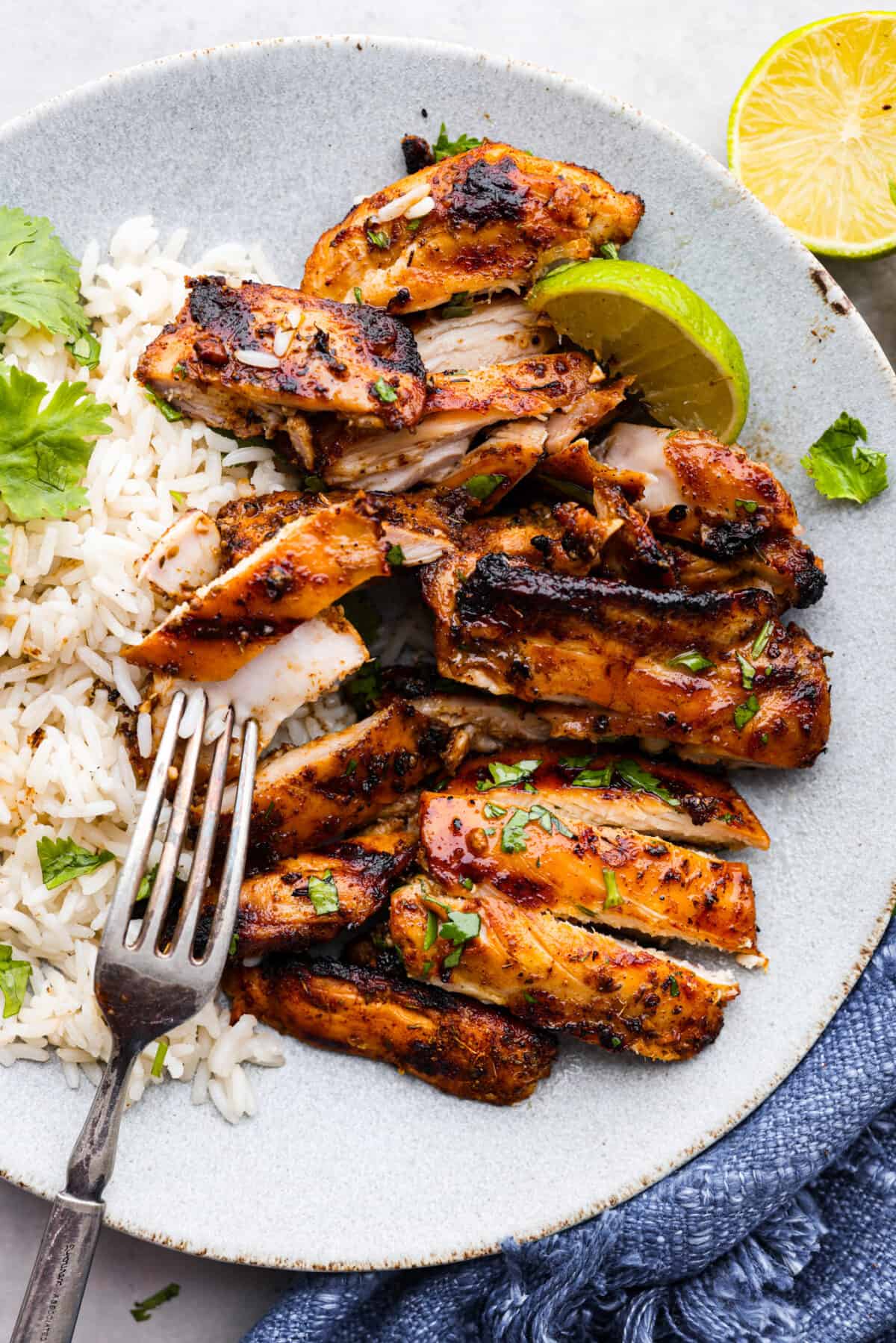 Chicken cut into slices and served with rice.