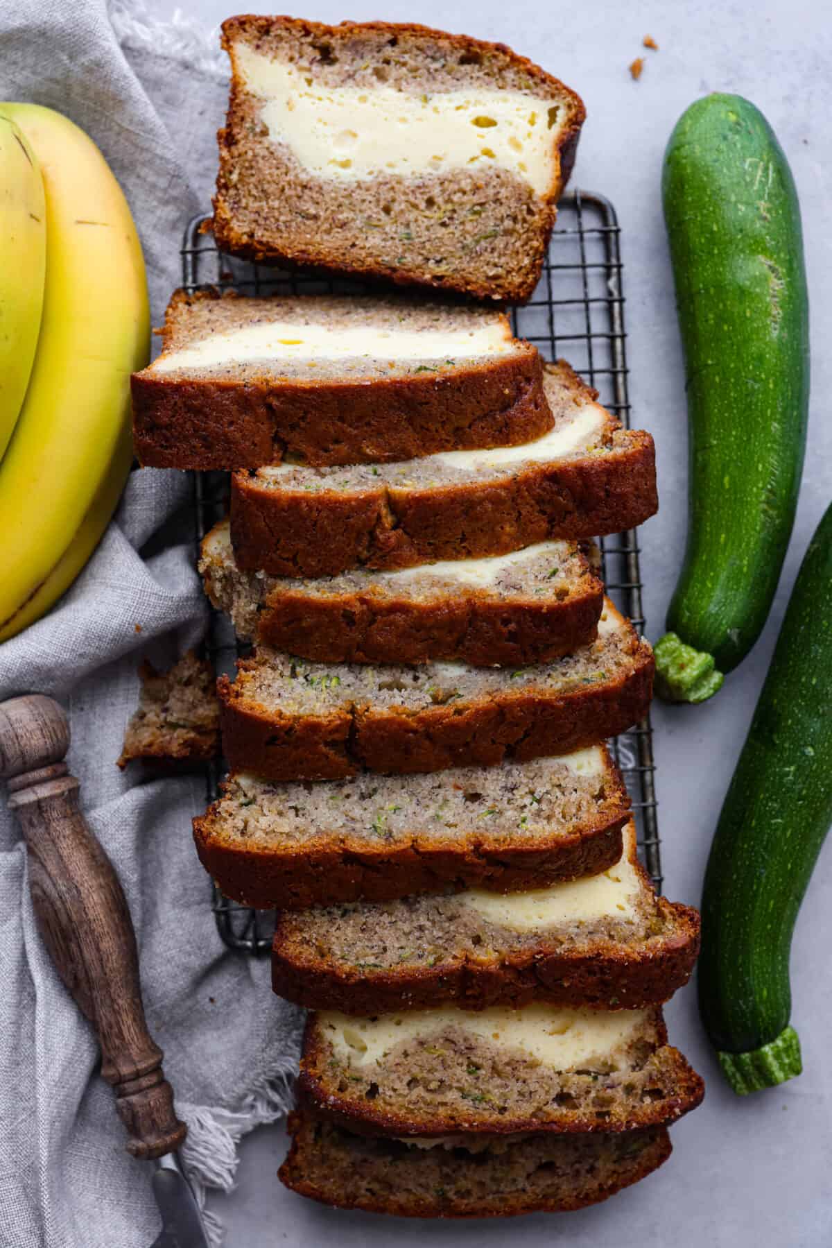 Top-down view of cream cheese banana zucchini bread.