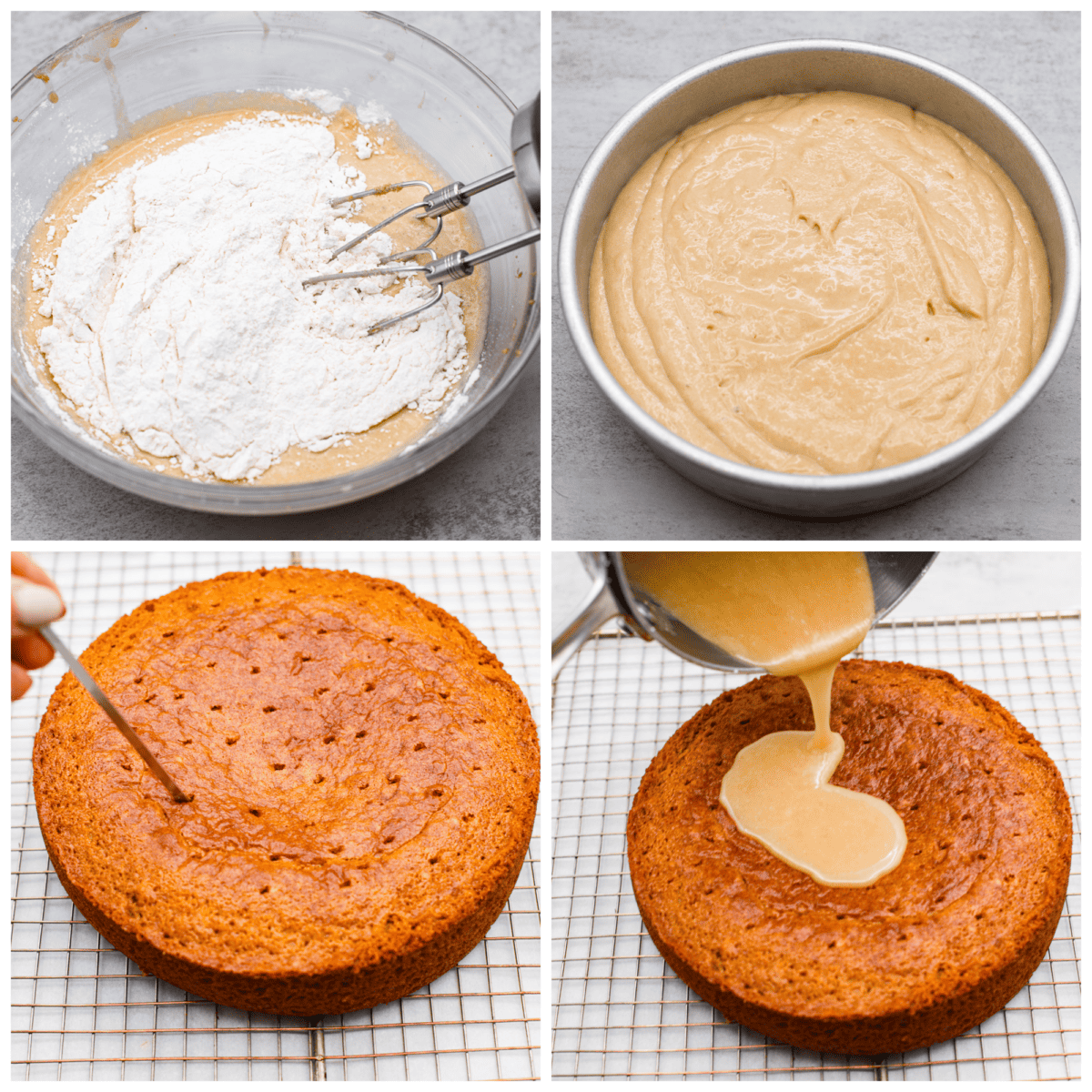 4-photo collage of the cake batter and glaze being prepared.