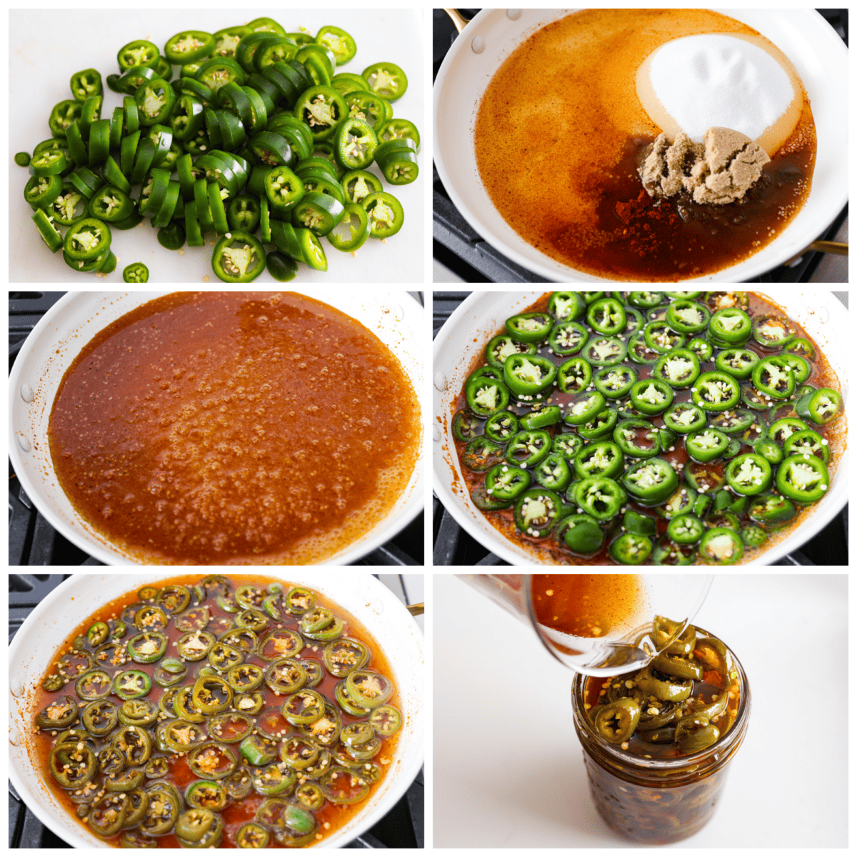 6-photo collage of the jalapenos being sliced and cooked in a sugar mixture.