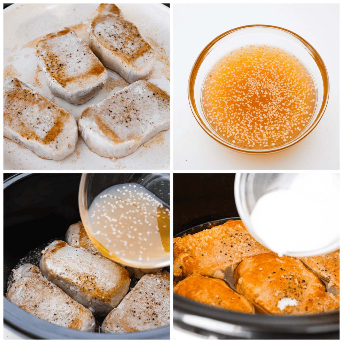 4-photo collage of the pork chops being seared and covered in sauce.