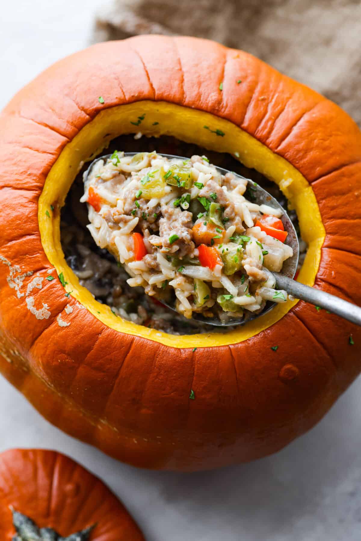 Closeup of dinner in a pumpkin.