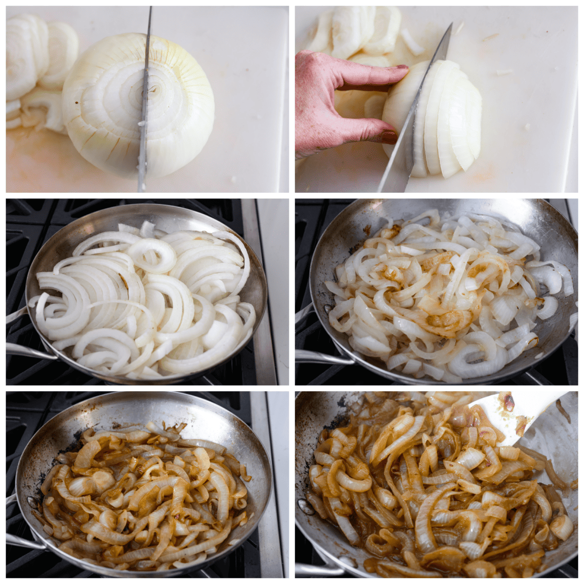 6-photo collage of the onions being cut, added to a pan, and cooked until tender.