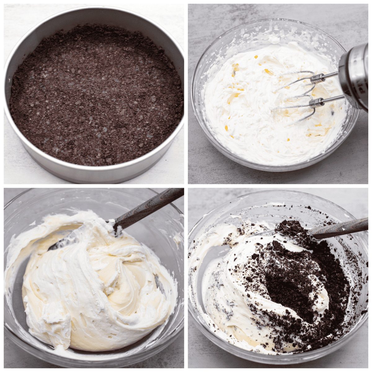 4-photo collage of the crust and cheesecake filling being prepared.