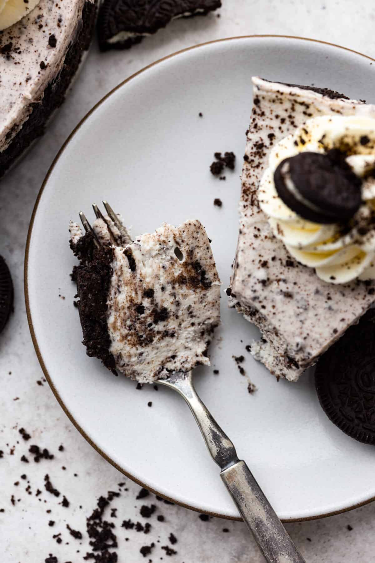 Taking a bite of Oreo cheesecake.