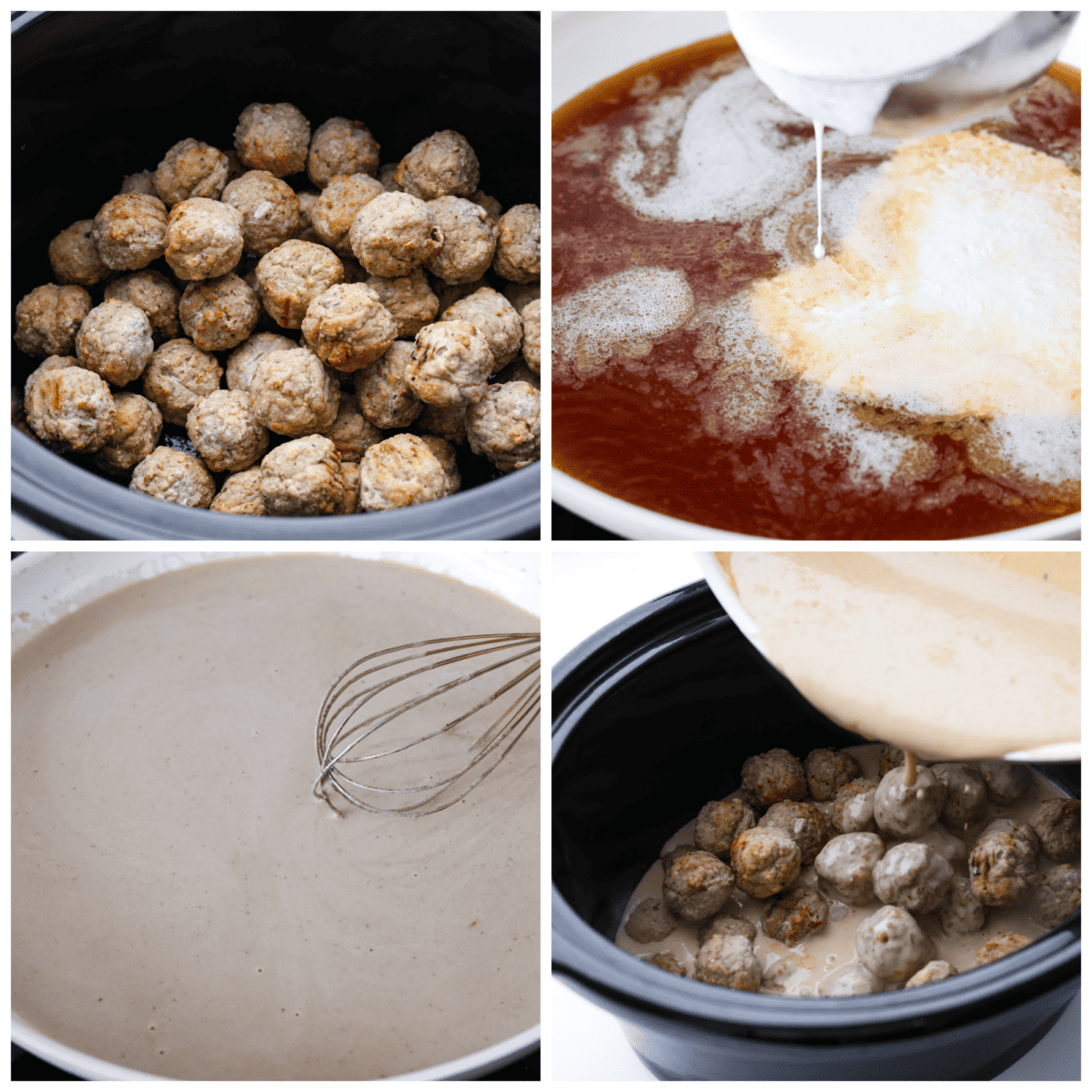 Set of 4 process shots with meatballs in a slow cooker and sauce simmering in a pot. 