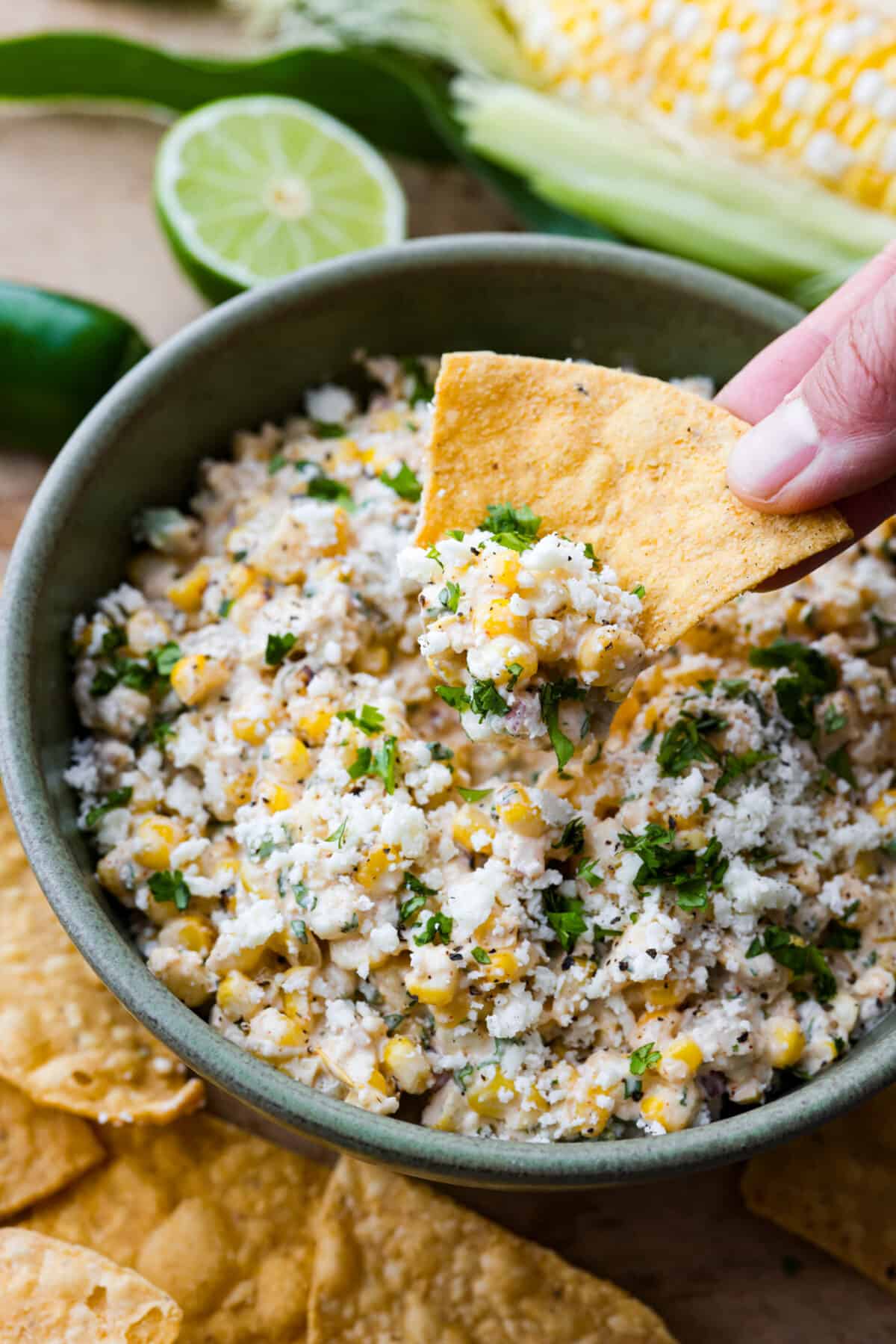 A tortilla chip scooping up some dip. 