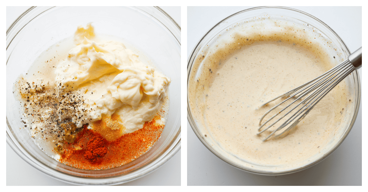 2 pictures showing how to mix ingredients in a glass bowl with a whisk. 