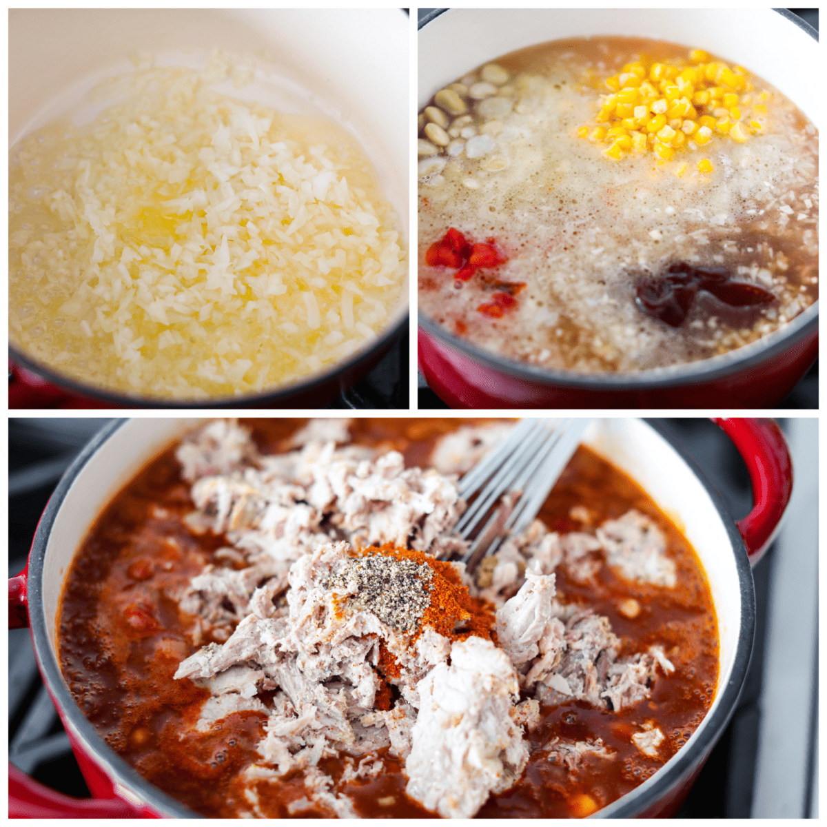 3-photo collage of all the stew ingredients being mixed together.