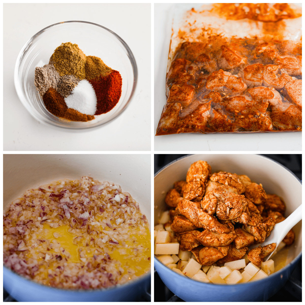 4-photo collage of the chicken being marinated and the curry being prepared.