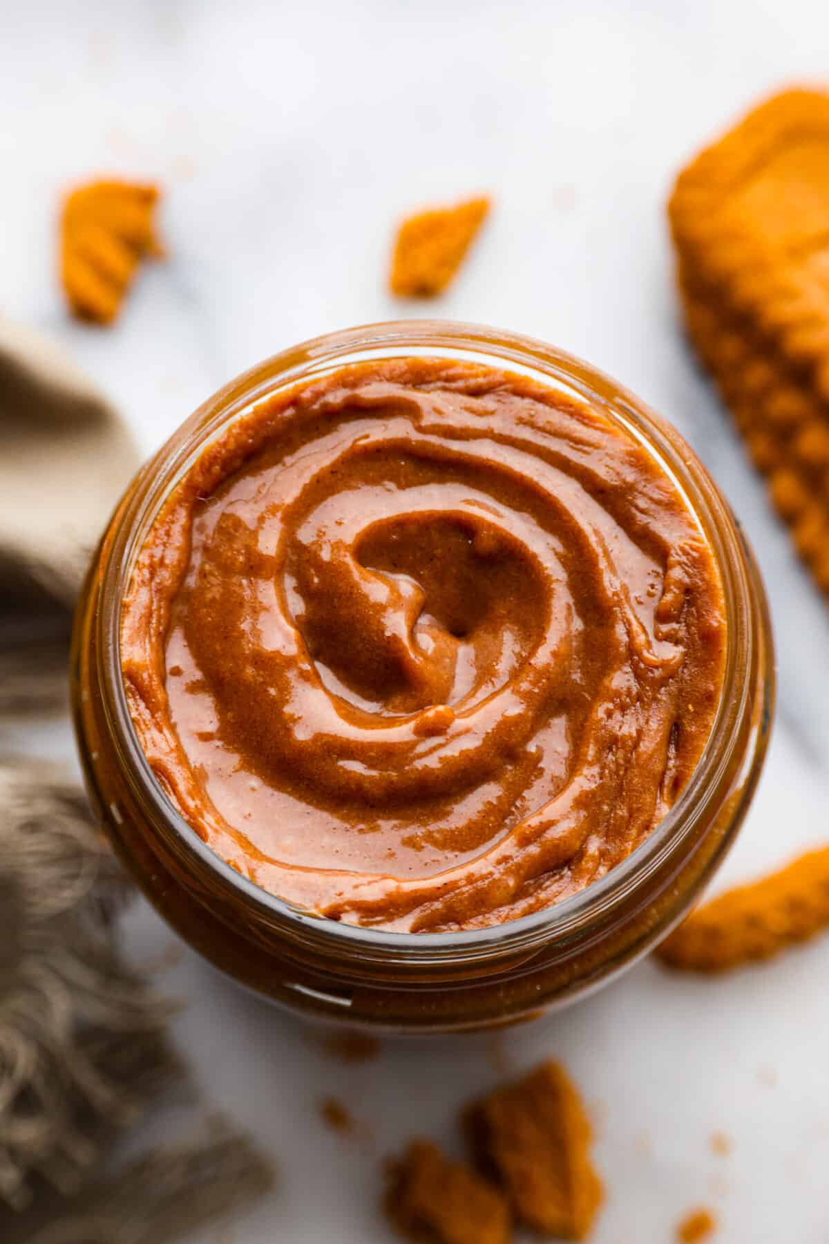 The top view of cookie butter in a jar.