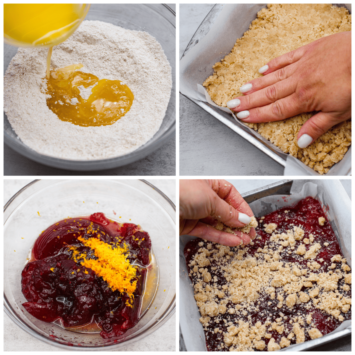 4-photo collage of the crust being pressed into the pan and then the filling added on top.