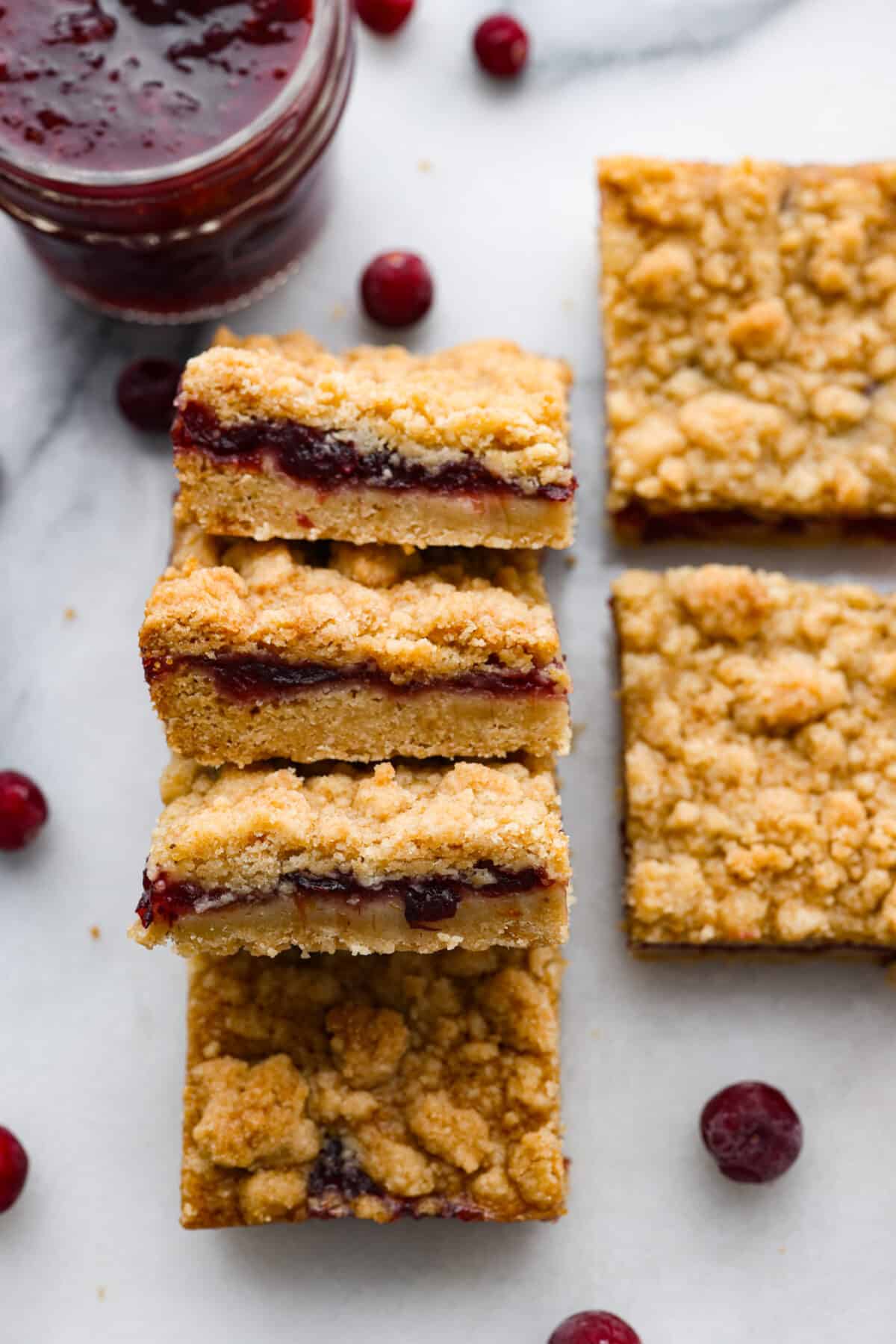 Cranberry crumb bars, cut into squares.