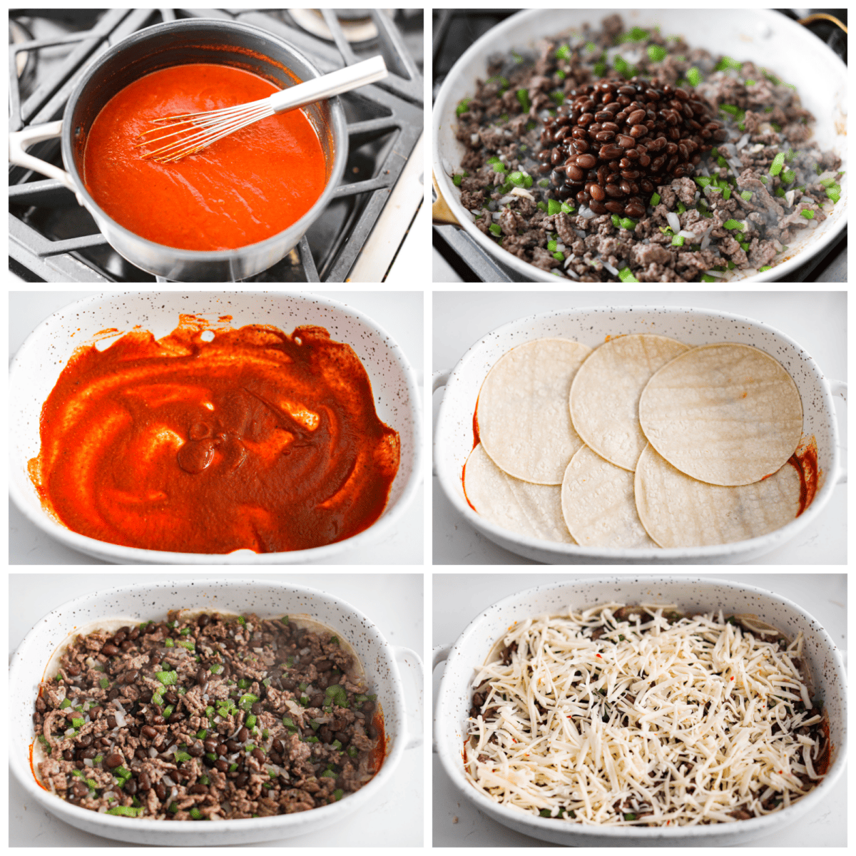 6-photo collage of the casserole being prepared by layering the tortillas, meat, sauce, and cheese.