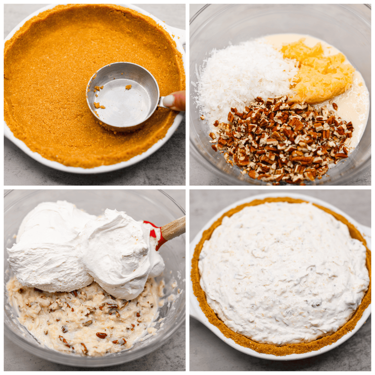 4-photo collage of the pie crust and filling being prepared.