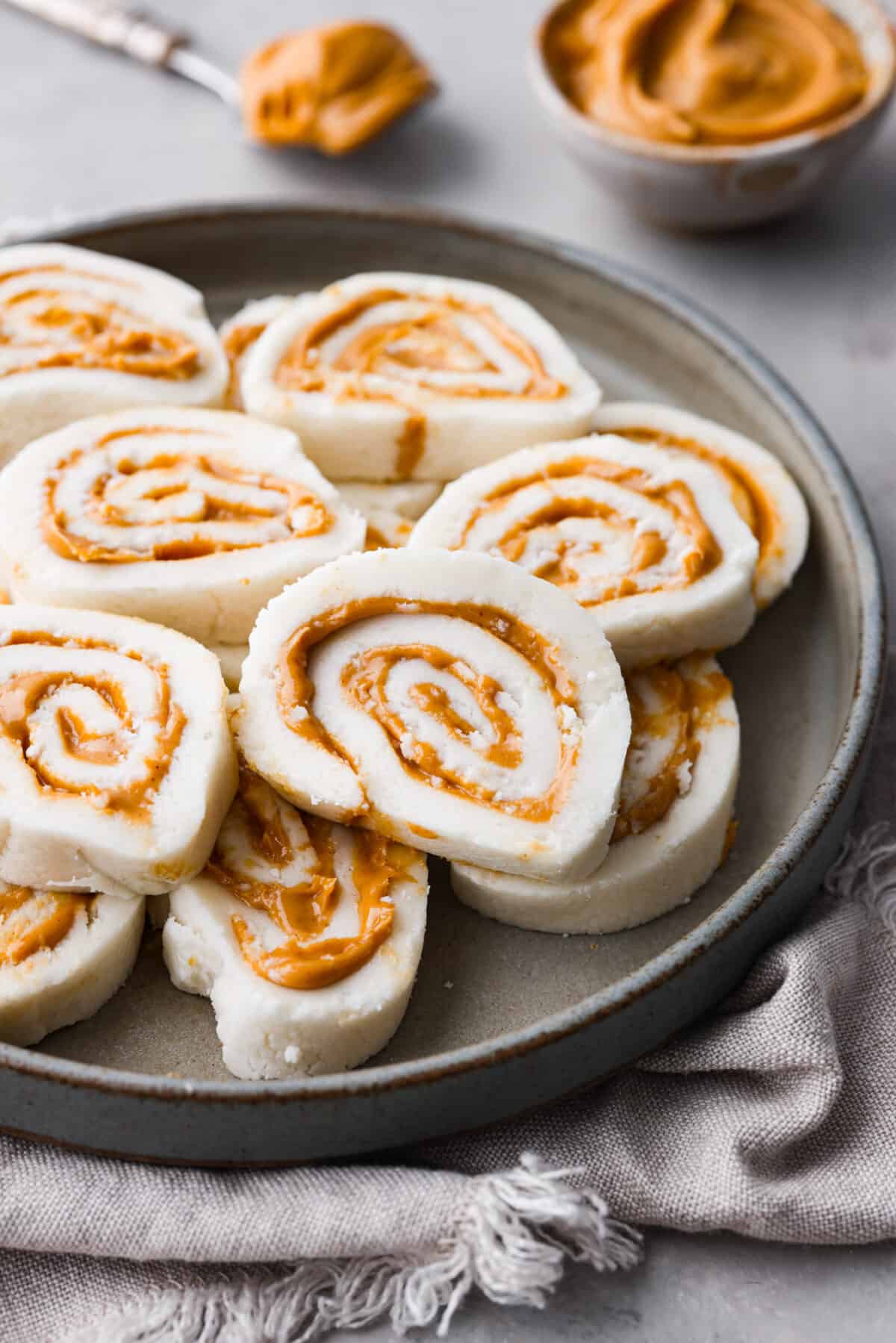 Close up shot of peanut butter pinwheel candy. 