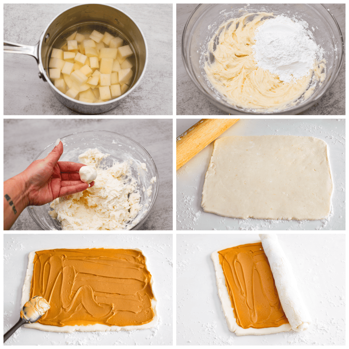 Gallery of 6 process shots showing how to boil potatoes, mix ingredients, roll out dough, cover with peanut butter. 