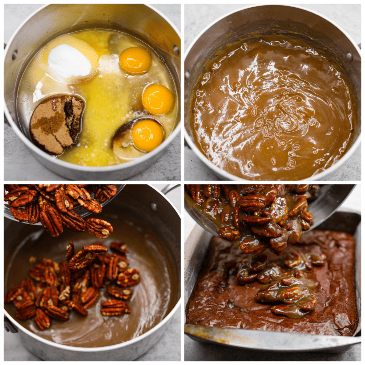 Collage of the process of making the pecan pie topping and spreading it over the brownies. 