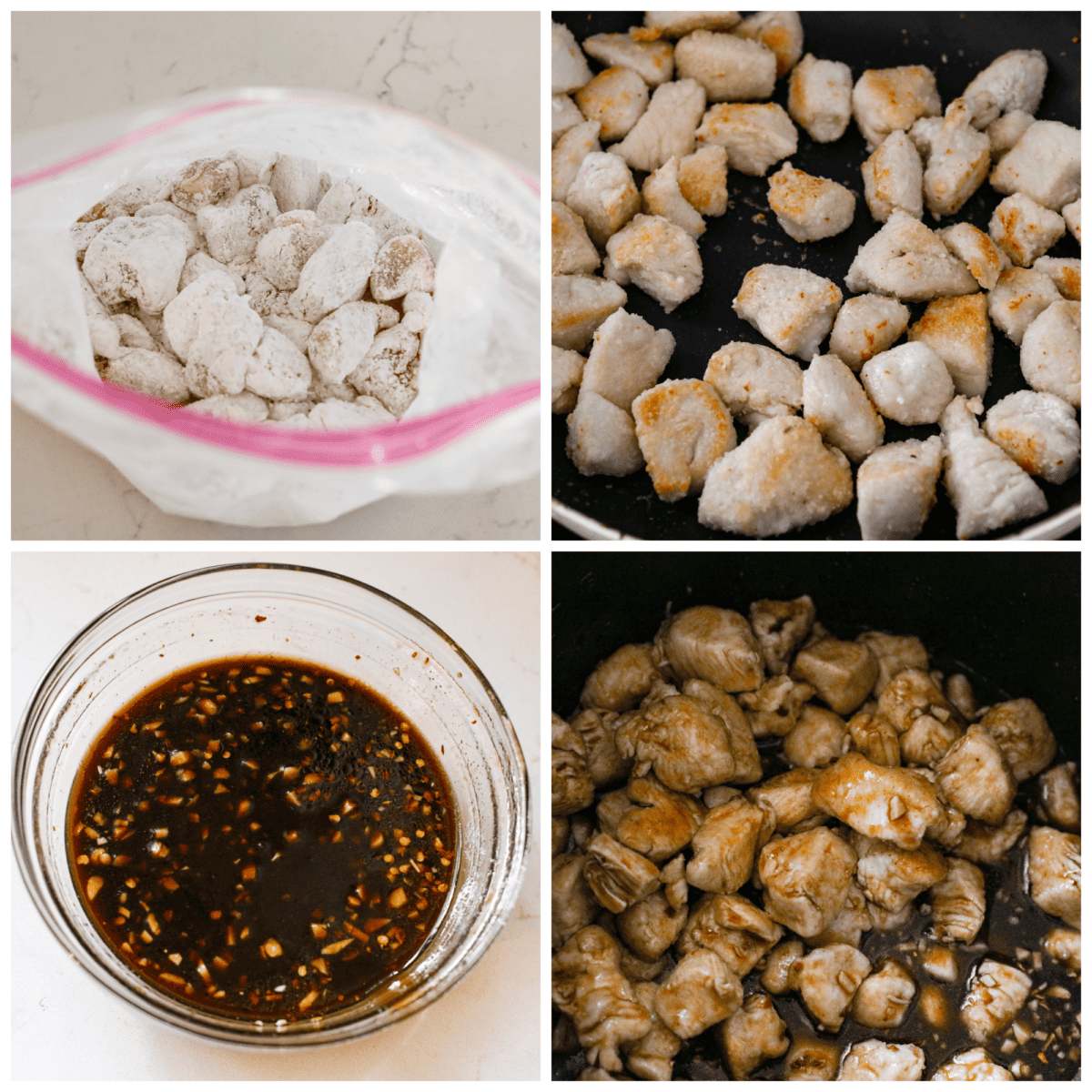 First photo of chicken coated in cornstarch in a plastic bag. Second photo of chicken browning in a skillet. Third photo of the sauce mixed together in a clear bowl. Fourth photo of chicken and sauce in a slow cooker.