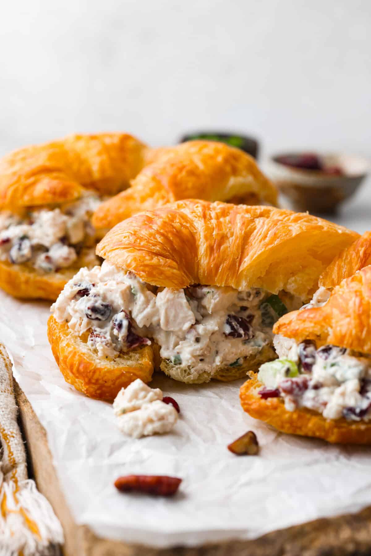 Turkey salad inside of a croissant.