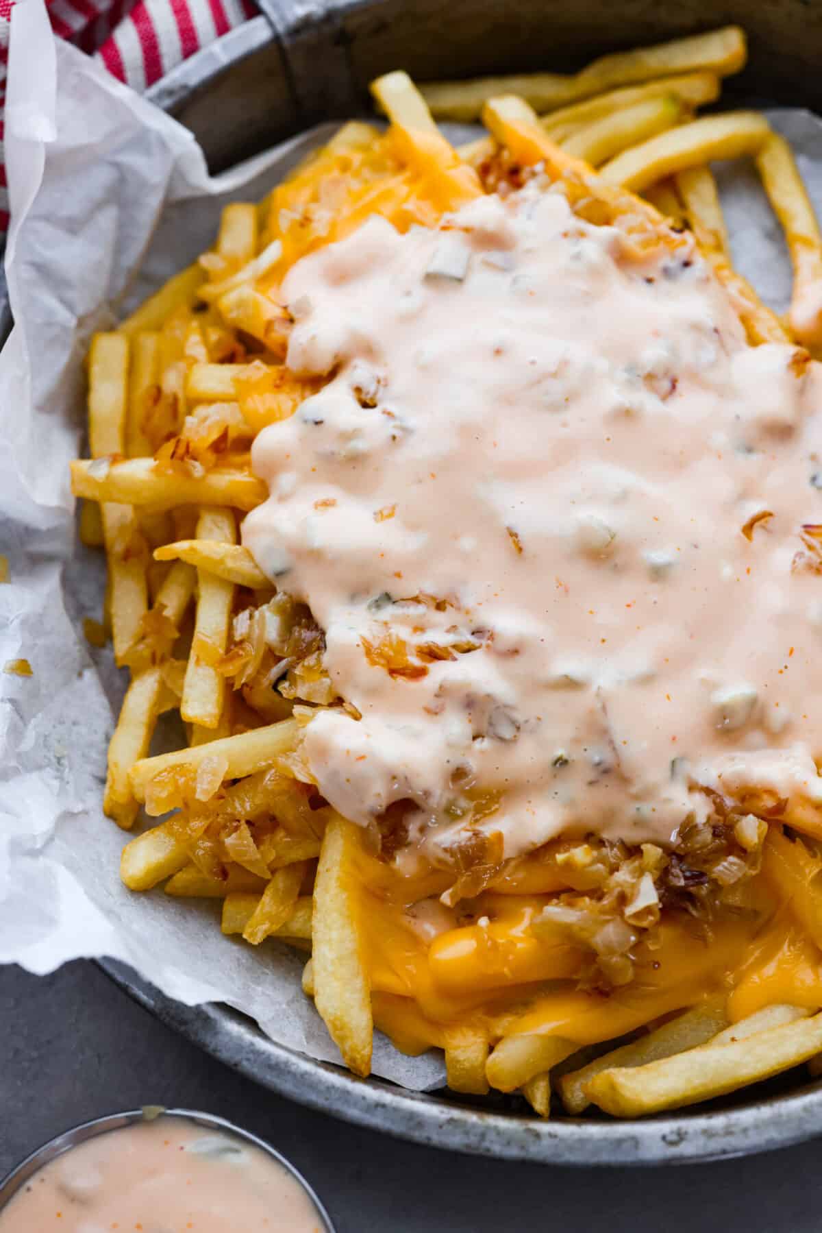 Top-down view of homemade animal fries inspired by In-N-Out Burger.