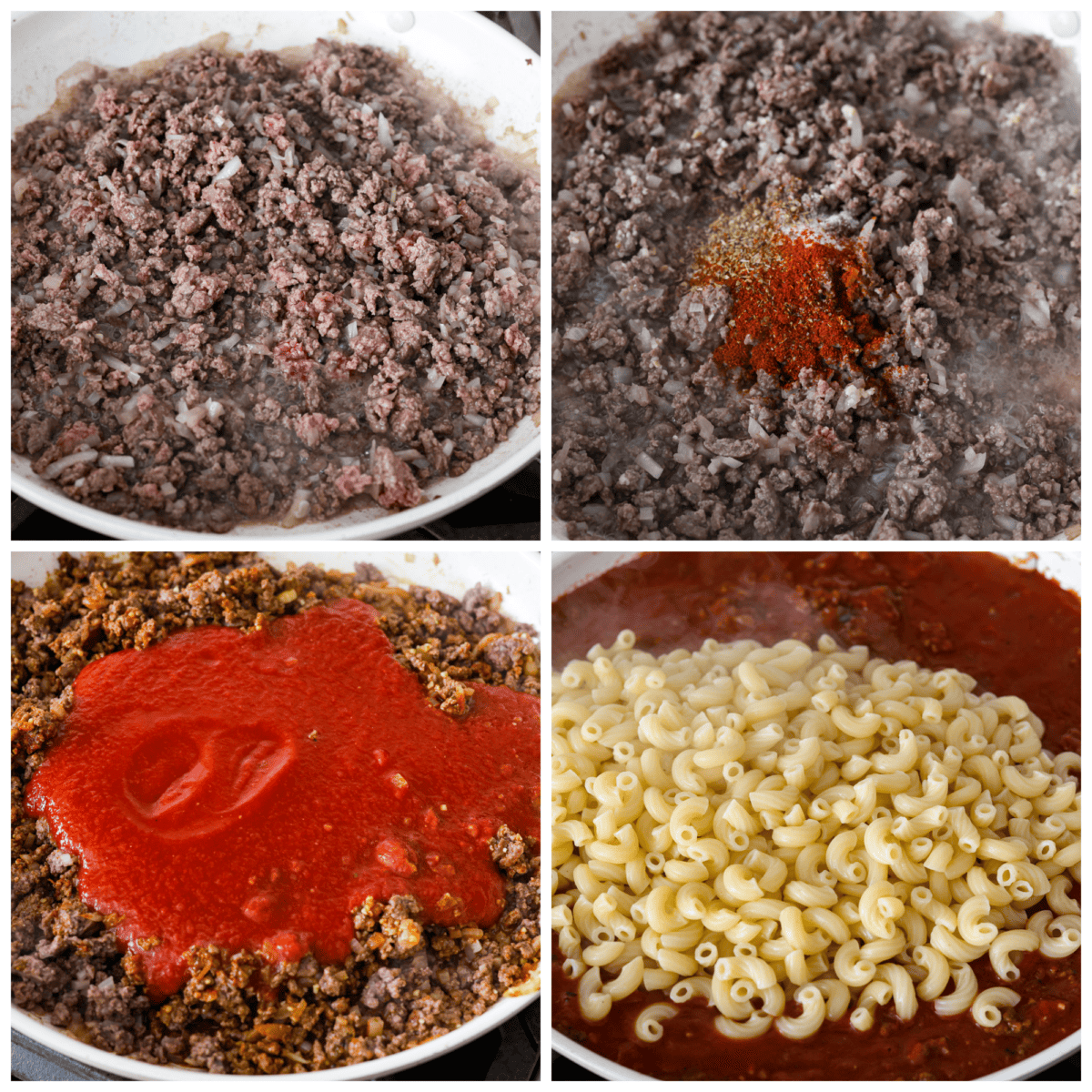 4-photo collage of the beef being browned and combined with the other ingredients.