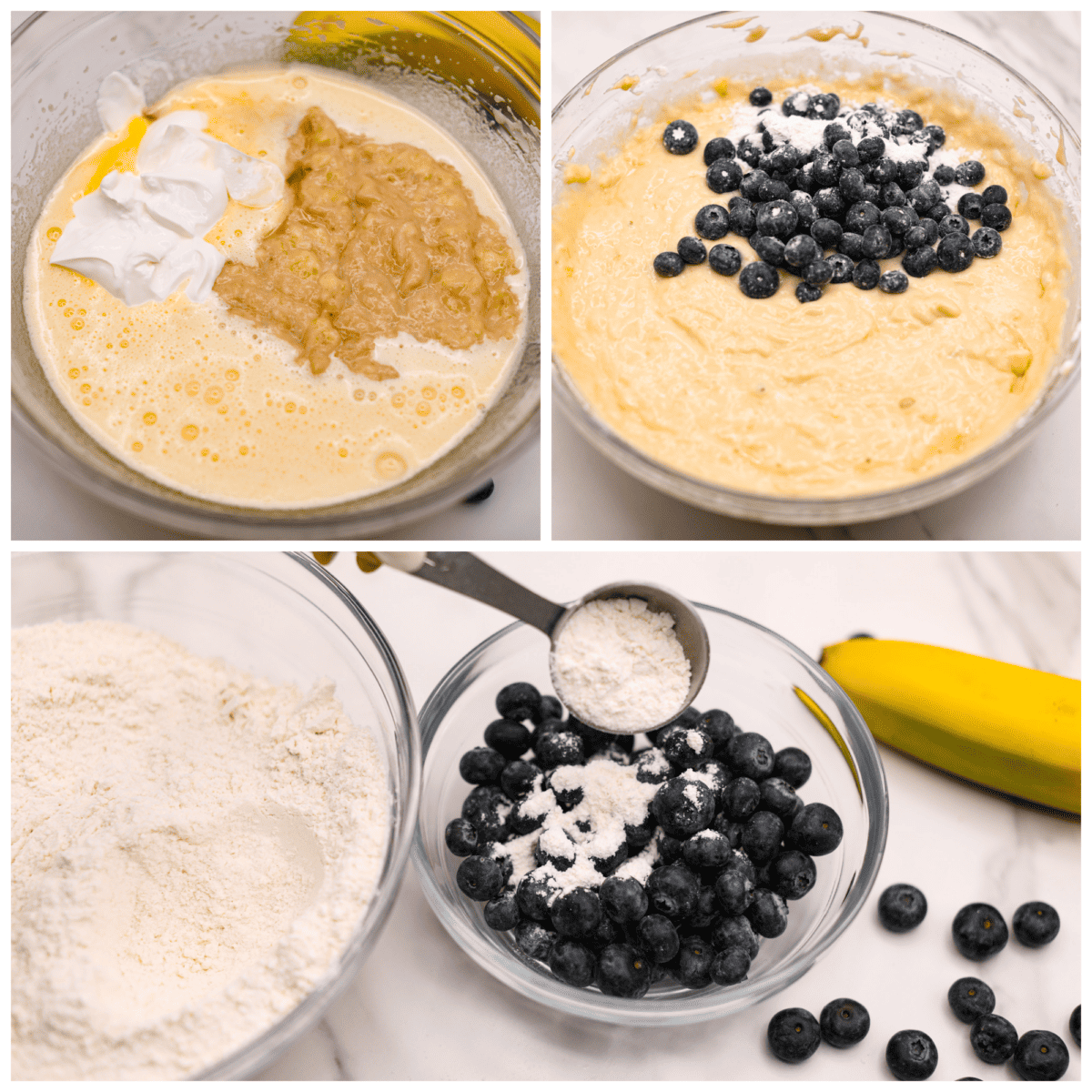 3-photo collage of the batter being prepared and poured into a loaf pan.