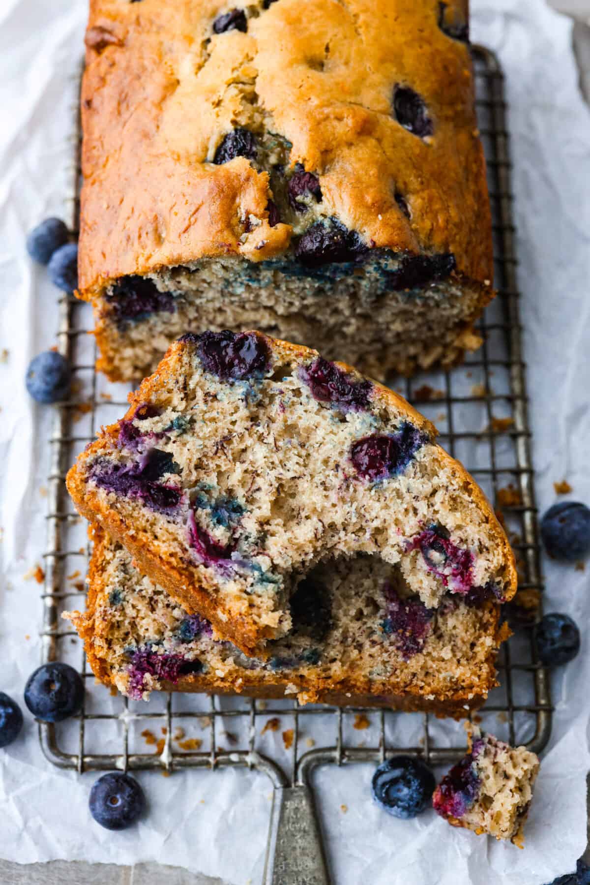 Banana bread on a cooling rack.