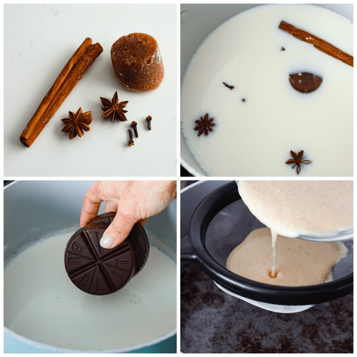 Adding the chocolate, sugar and spices to the milk mixture.