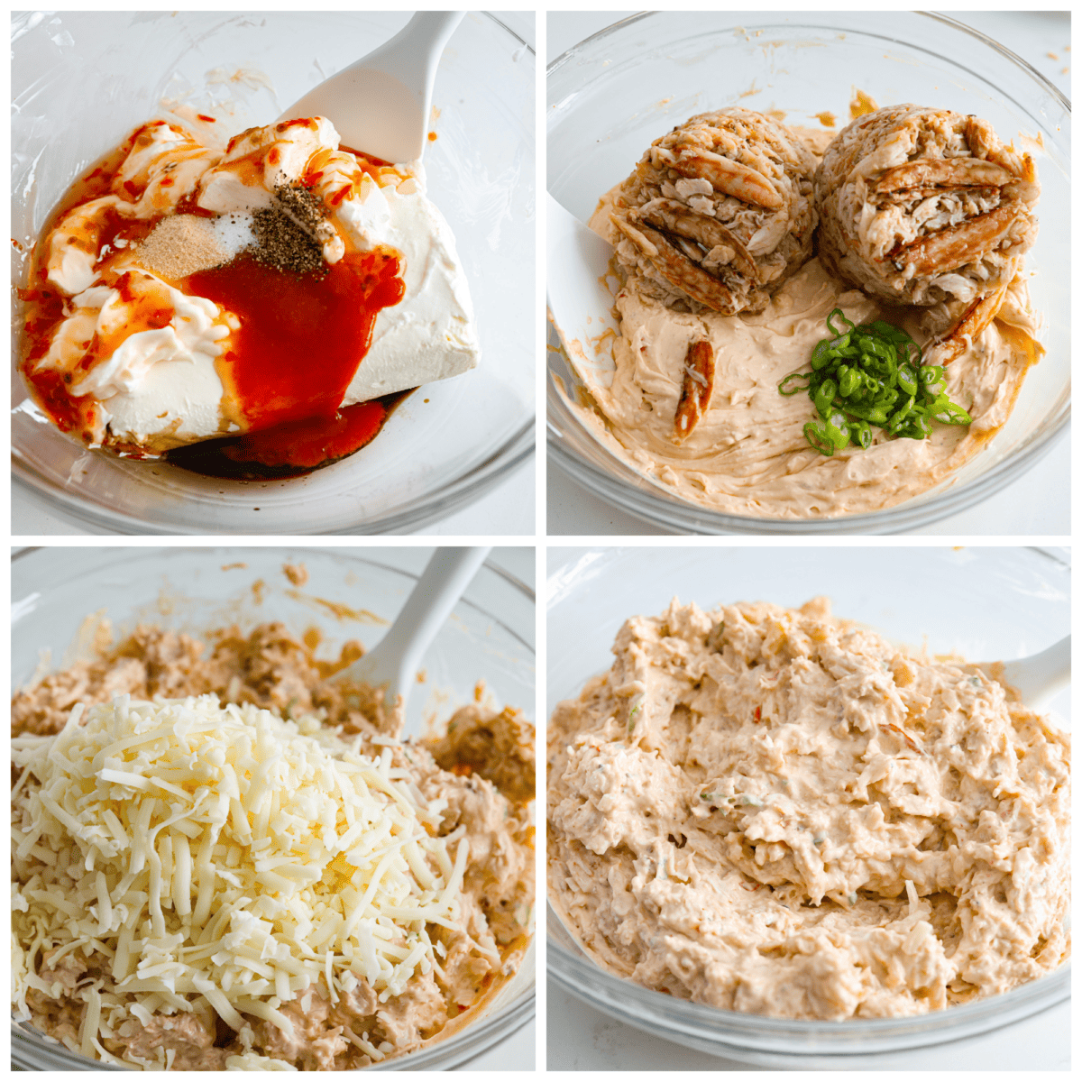 4-photo collage of the crab rangoon dip ingredients being mixed together.