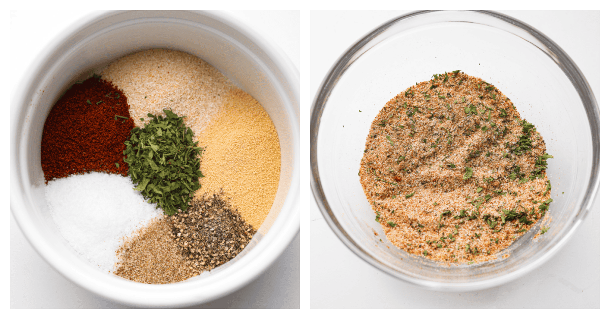 Seasonings in a bowl being mixed together. 