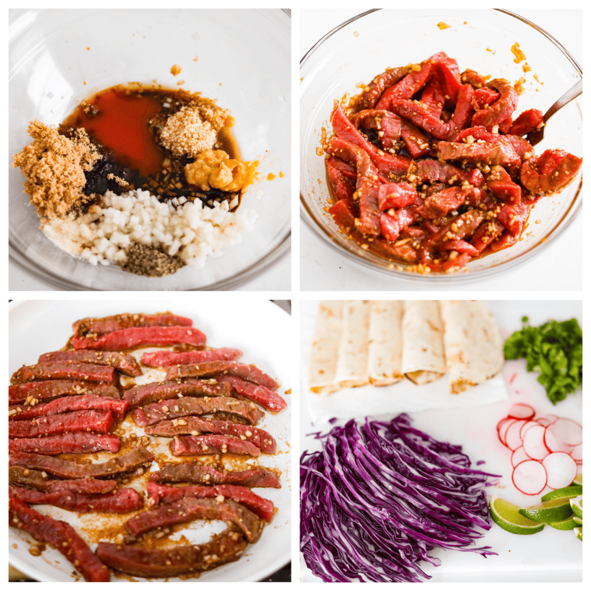 First photo of the marinade ingredients in a bowl. Second photo of the beef marinating in a bowl. Third photo of the beef cooking ina skillet. Fourth photo of the tortillas and toppings.