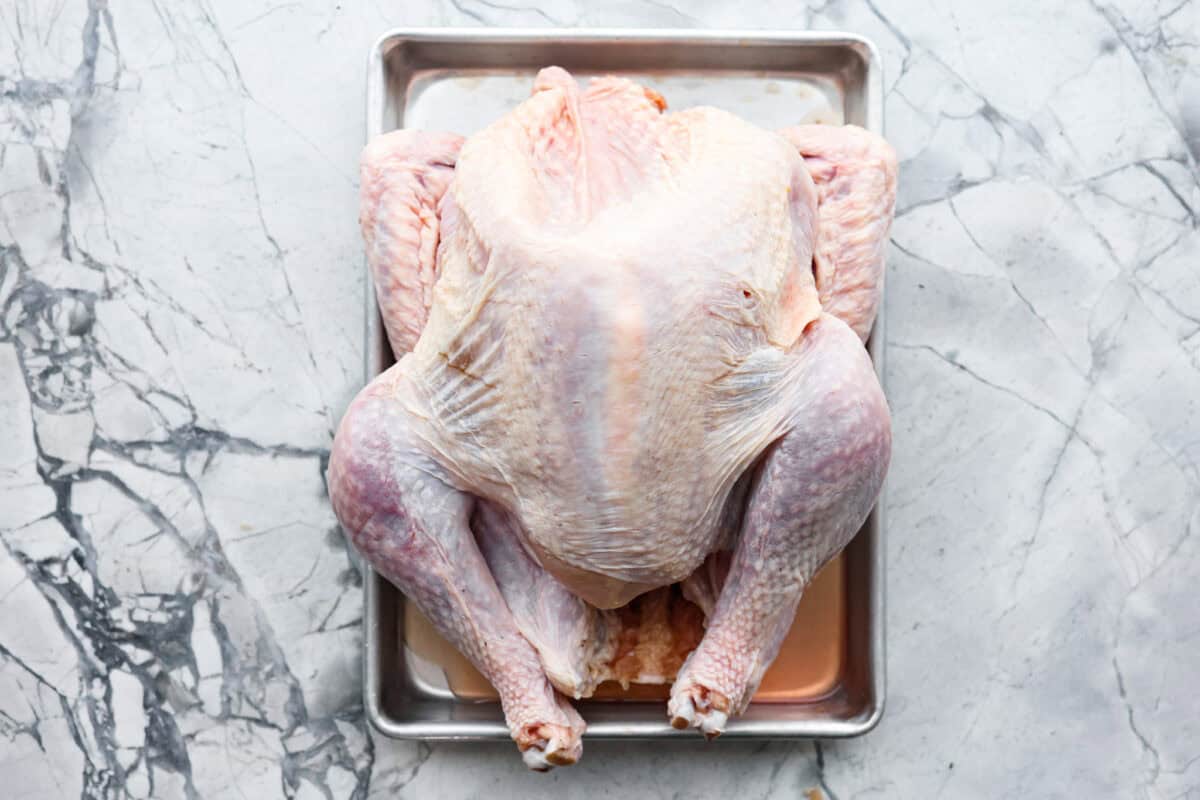 First photo of the turkey on a sheet pan.