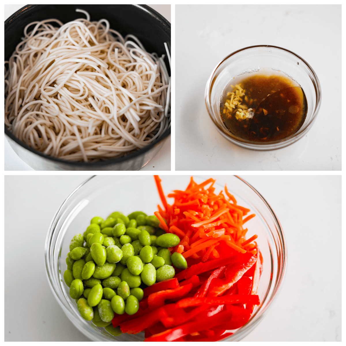 3-photo collage of the soba being cooked, vegetables being combined, and the dressing ingredients being mixed together.